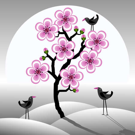 Tree with pink flowers. Blooming Tree Against The Sky. Birds on the tree. Vector illustration.のイラスト素材