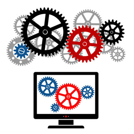 Cogwheel Gear Mechanism. Gear system on a white background. Computer display with gears. Vector illustration.のイラスト素材