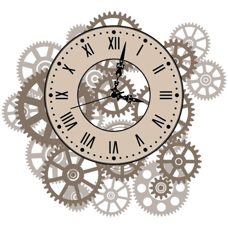 Clockwork Gear Mechanism. Vintage Wall Clock Roman Number. Time Symbol. Vector illustration.のイラスト素材