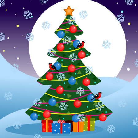 Stylized Christmas tree. Decorated Christmas tree and gift boxes. Bullfinches on the New Year spruce. Vector illustration.のイラスト素材