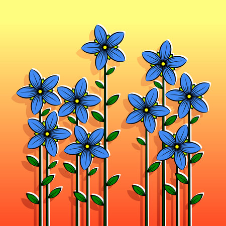 Decorative stylized colorful flowers. Stylized blue flowers on an orange background. Vector illustration.のイラスト素材