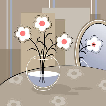 Stylized bouquet of flowers in a glass vase. Decorative still life. Vector illustration.のイラスト素材