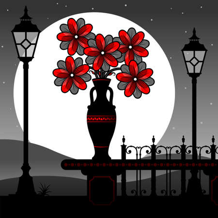 Stylized night landscape with red flowers in a black vase. Vector illustration.のイラスト素材