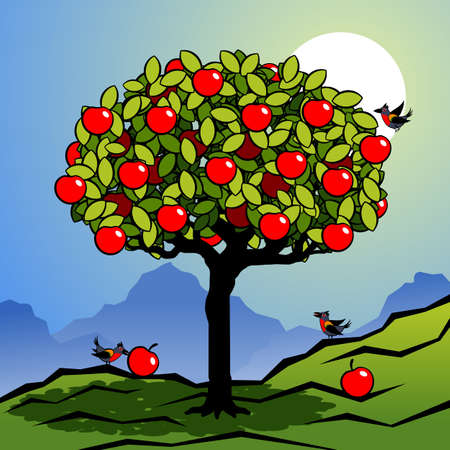Decorative tree with fruits. Stylized tree with green foliage and red fruits. Decorative landscape with a tree and birds. Vector illustration.のイラスト素材