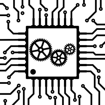 Microchip with mechanical gears inside. Black and white printed circuit board with processor. Vector illustration.のイラスト素材