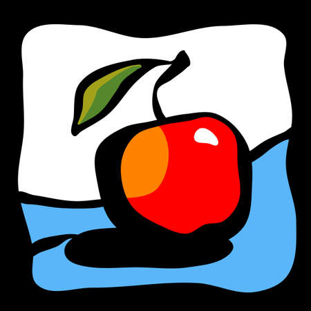 Drawn red apple with green leaf. Fruit sketch. Vector illustration.のイラスト素材