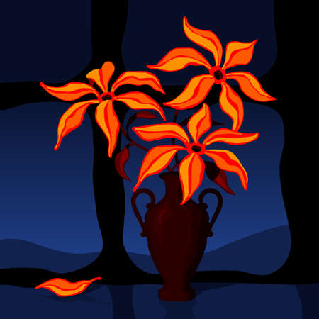 Stylized still life with red flowers. Bouquet in a vase against the background of the night sky. Vector illustration.のイラスト素材