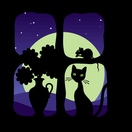 Silhouettes of a cat and a mouse on the background of a night window. Vector illustration.のイラスト素材