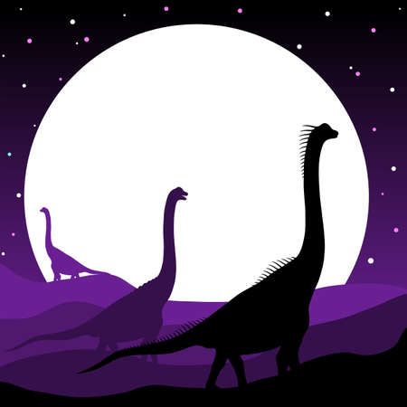 Silhouettes of dinosaurs against the background of the night sky. Vector illustration.のイラスト素材