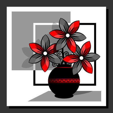 Stylized still life with red flowers in a vase. Abstract floral composition. Wall art poster design. Vector illustration.のイラスト素材