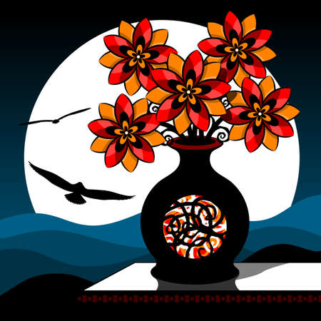 Stylized still life with red flowers. Bouquet in a vase against the background of the night sky. Vector illustration.のイラスト素材