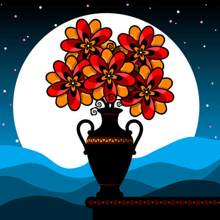 Stylized still life with red flowers. Bouquet in a vase against the background of the night sky. Vector illustration.のイラスト素材
