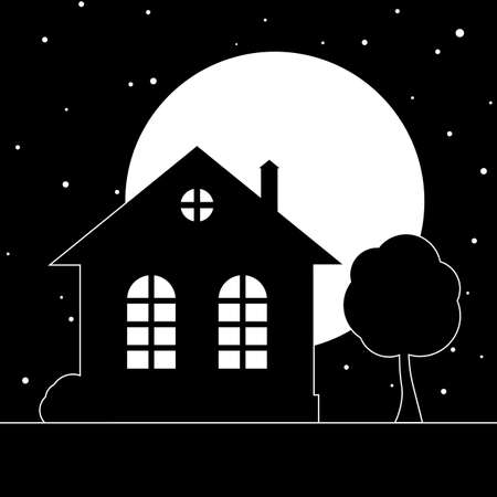 Stylized night village landscape with a house and a tree. Vector illustration.のイラスト素材