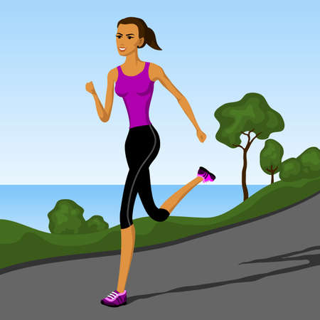A sportive girl goes jogging in nature. Woman engaged in jogging. Vector illustration.のイラスト素材