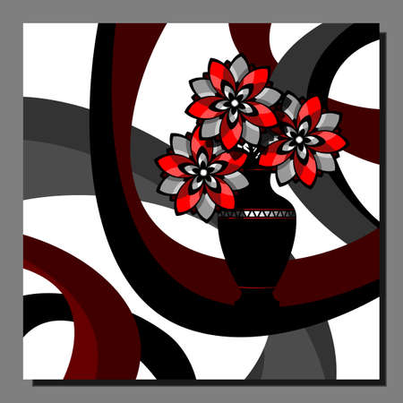 Stylized still life with red flowers in a vase. Abstract Shapes composition background. Vector illustration.のイラスト素材
