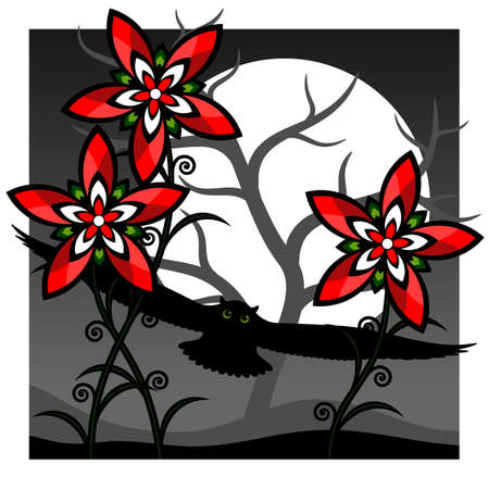 Stylized landscape with red flowers and an owl against the background of the moon. Wall decor, poster design. Vector illustration.のイラスト素材