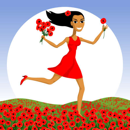 The girl picks red poppy in the field. Cartoon young woman in a red dress with a bouquet of flowers. Landscape with wildflowers. Vector illustration.のイラスト素材