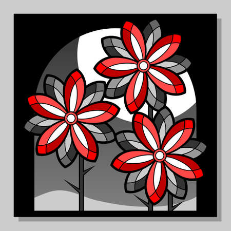Abstract composition with stylized red flowers. Floral background. Wall art, poster design.のイラスト素材