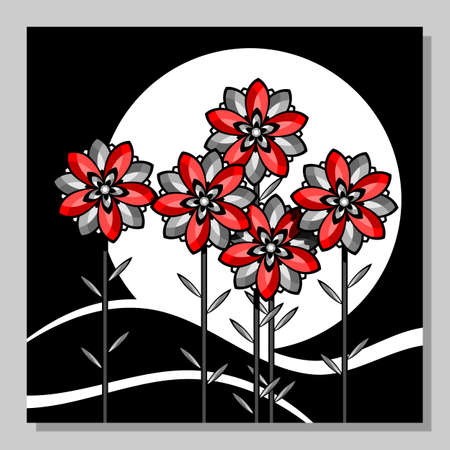 Stylized landscape with red flowers against the background of the moon.のイラスト素材