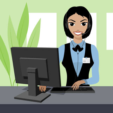 Smiling young woman helpline operator with headset using computer at office. Vector illustration.のイラスト素材