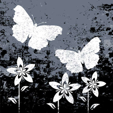 White butterflies and flowers on a dark grunge texture background. Vector illustration.のイラスト素材