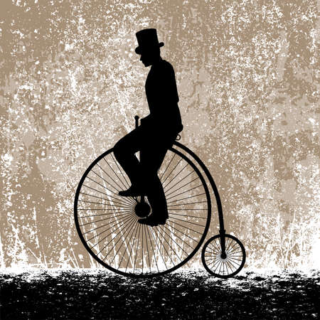 A gentleman in a top hat on a vintage high bicycle against the background of the grunge texture of the old wall. Vector illustration.のイラスト素材