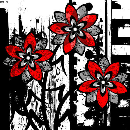 Abstract illustration with red flowers on the background of a dirty wall texture.のイラスト素材