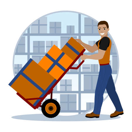 A man loader with boxes on a trolley, in the background of a warehouse. Vector illustration.のイラスト素材