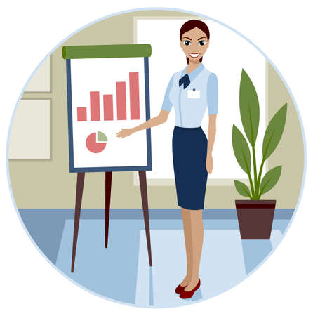 Female character business task manager pointing at a presentation stand board with infographics. vector illustration.のイラスト素材