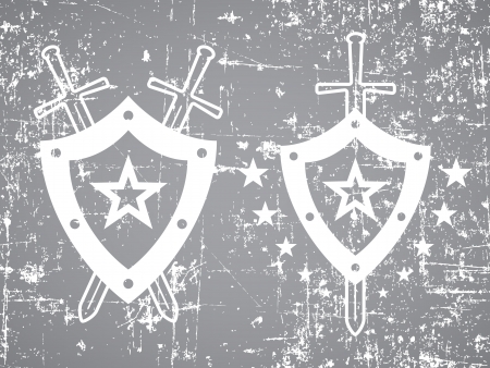 Two white military style grunge emblems with shields and swordsのイラスト素材
