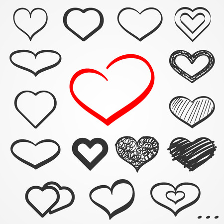 Set of sixteen abstract sketch hand drawn heartsのイラスト素材