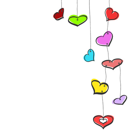 Nine colorful sketch hanging hearts on white backgroundのイラスト素材