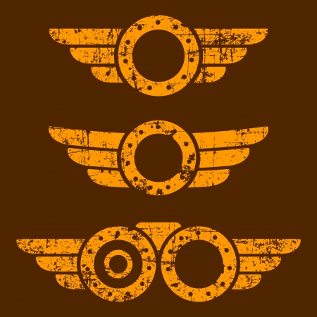 Set of three abstract grunge steam punk emblems on brown backgroundのイラスト素材