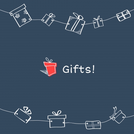 Nine white sketch hanging gift boxes on dark backgroundのイラスト素材