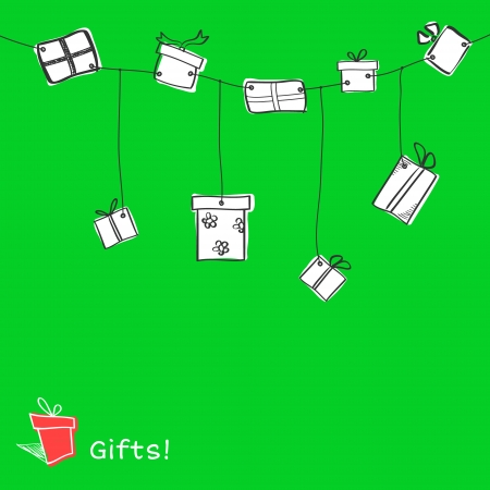Nine white sketch hanging gift boxes on green backgroundのイラスト素材