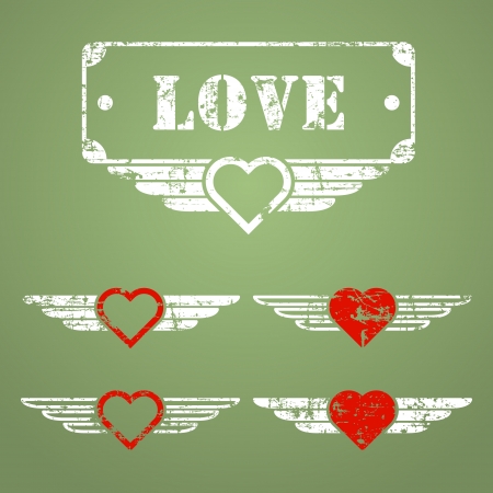 Military style love grunge emblems with hearts, wings and text boxのイラスト素材