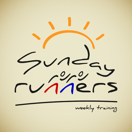 Hand drawn text logo with stylized cartoon runners and sunのイラスト素材