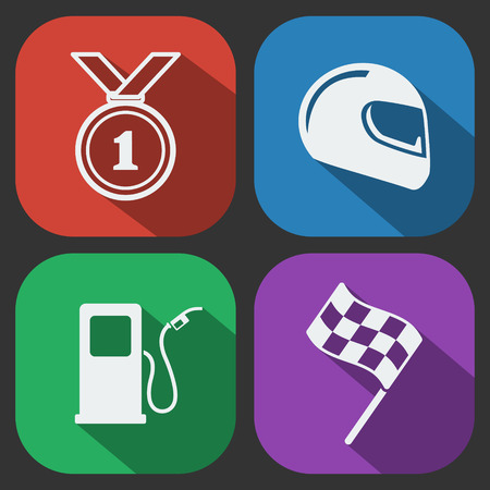 Set of four flat looking racing icons - medal, helmet, flag, gas stationのイラスト素材