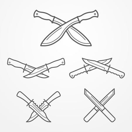 Collection of crossed hunter knives. Hunter knife line logo set. Typical hunter knives. Crossed knives samples. Hunter knife stock illustration.のイラスト素材
