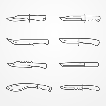 Collection of army knives, line icons set, typical combat knife, stock knife illustrationのイラスト素材