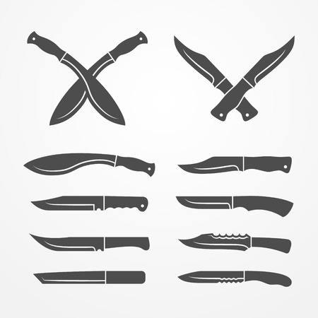 Collection of army knives, line icons set, typical combat knife, crossed knives samples, stock knife vector illustrationのイラスト素材