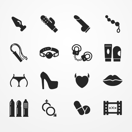 Collection of sex shop icons, silhouette style, sex shop  stock image, collection of typical sex shop symbols - adult toy, condom, handcuff, pills, underwearのイラスト素材