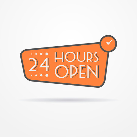 Isolated 24 hours label in graphic style with stylized clock and shadow. Emblem stock image.のイラスト素材
