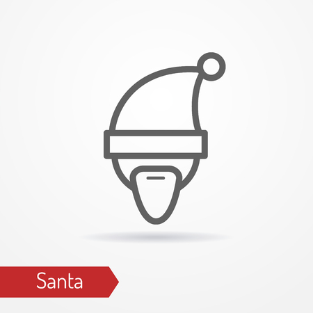 Santa Claus with beard or abstract person celebrating new year in festive hat. Man head isolated icon in line style with shadow. Holiday vector stock image.のイラスト素材