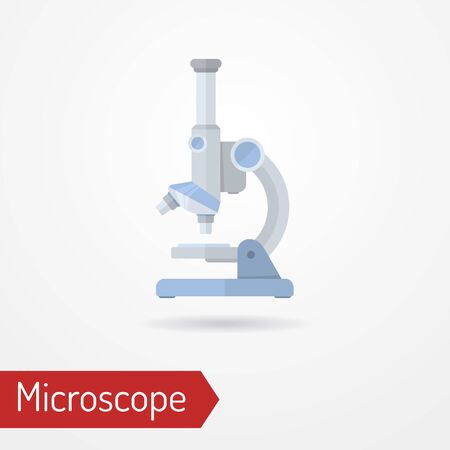 Typical modern scientific laboratory microscope. Isolated tool in flat style. Medical, chemistry, pharmaceutical or microbiology magnifying instrument. Vector stock image.のイラスト素材