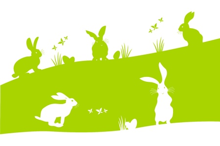 Spring holiday Easter illustration with bunnies searching the Easter eggsのイラスト素材
