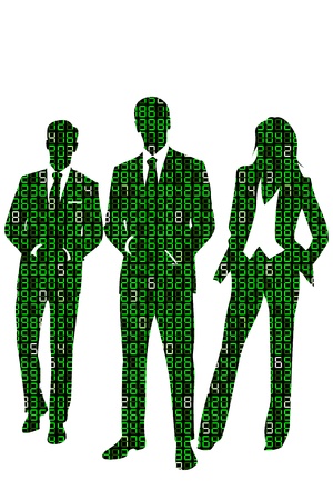 Concept illustration about information technology business people represented by a group of business people silhouettes made out of digits のイラスト素材