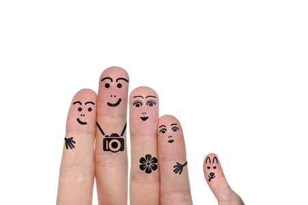 Happy family portrait with mother, father, children and funny dogの写真素材