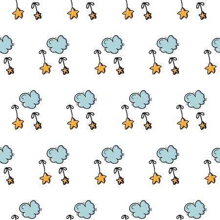 Illustration of happy yellow stars, hand drawn seamless pattern. Stars soar with clouds of textile ornament. Vector illustration, child's drawing.のイラスト素材