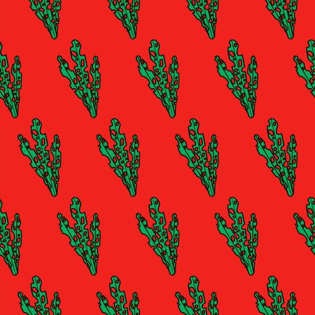 Tropical leaves leaves flat hand drawn seamless pattern. Botanical vector colorful background. Tropical palm branches of textile ornament. Illustration of a plant on a red background.のイラスト素材